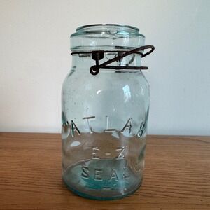 Antique‎ Atlas E Z Seal Glass Canning Quart Jar Blue Tint Wire Bail Clamp Lid